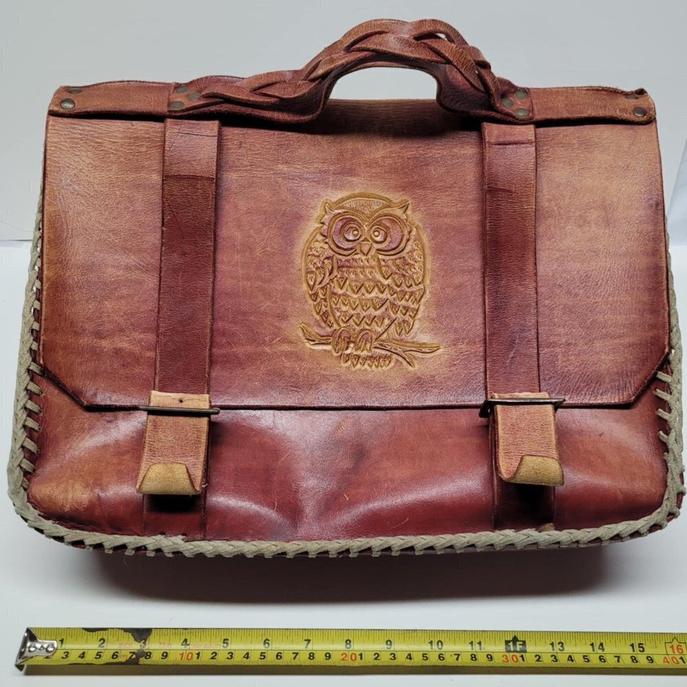 Vintage 1980 Handmande Leather Messanger Purse Owl Curved Satchel‎ Bag Red 80s